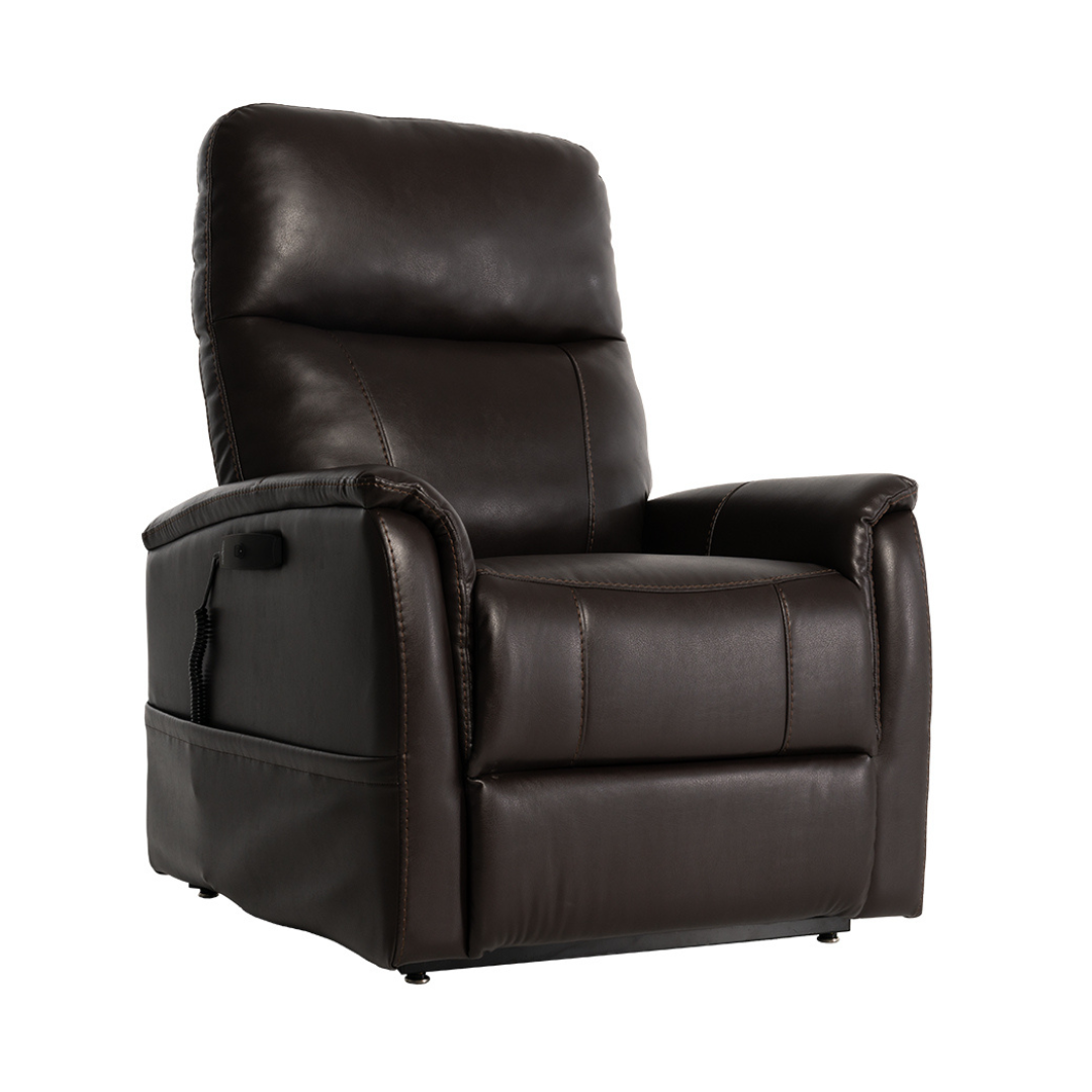 The Pride Mobility Genesis LC150 Lift Chair Recliner is a dark brown leather chair with padded armrests, backrest, side pocket, and control panel—see the spec table for full product details.